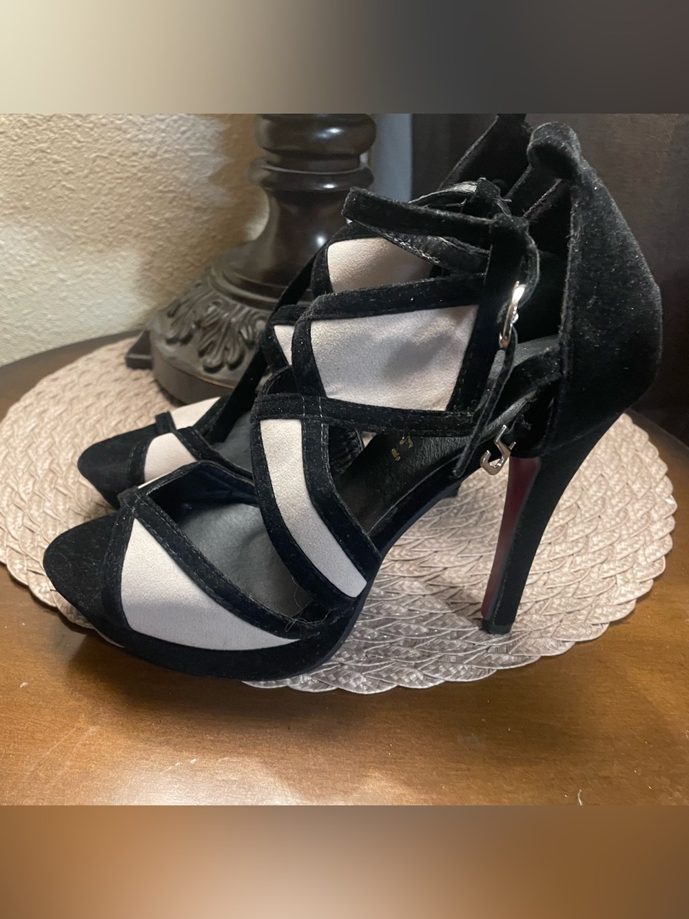 Red Outsole Black and Cream High Heel Sandals with Ankle Buckle
